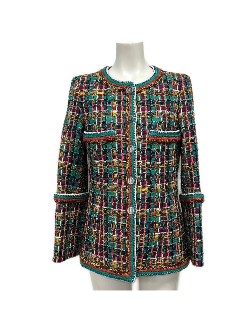 Chanel Jacket 34 S Blue Green Purple Multi Tweed Autumn Winter Cotton